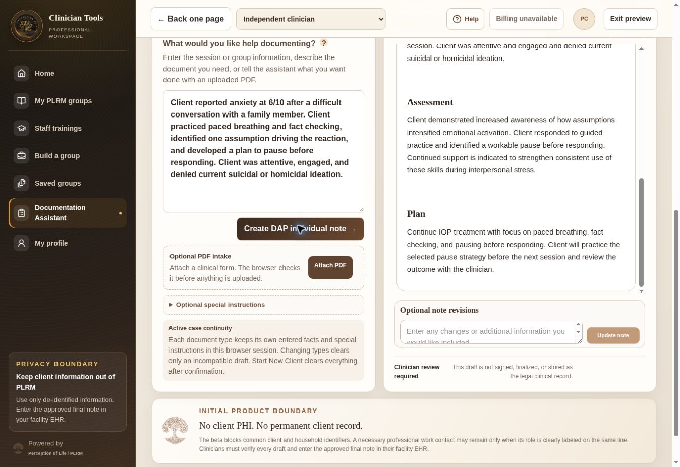 Current PLRM Documentation Assistant screen using fictional information